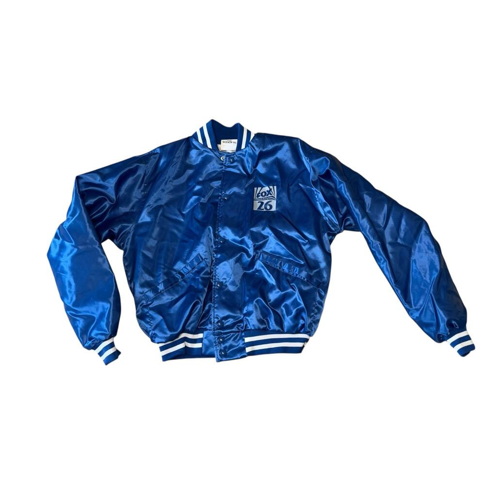Vintage Windless FOX 26 News Satin Bomber Jacket in Royal Blue Size Medium